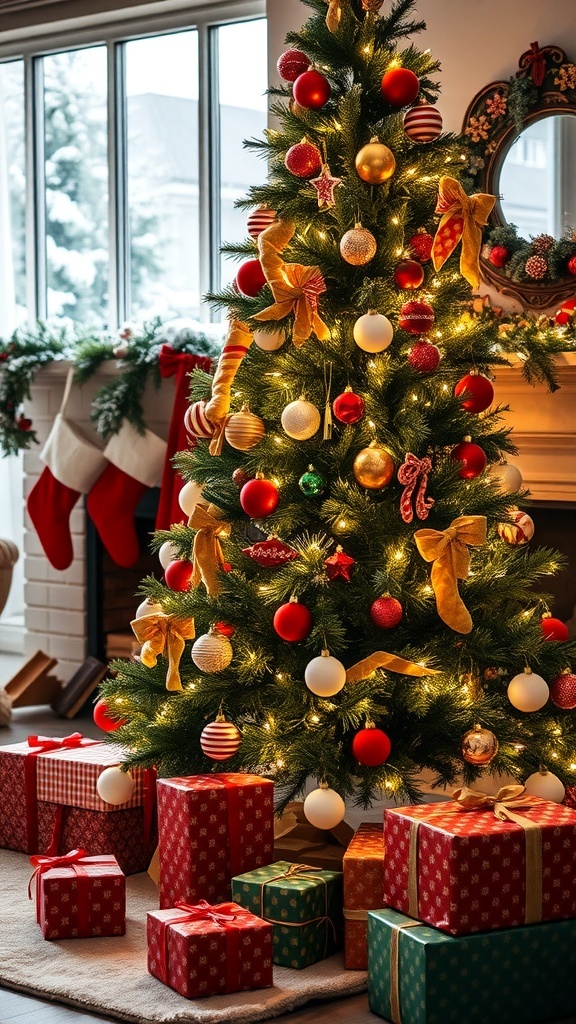 A festive Christmas tree with lights and ornaments, gifts underneath, and a warm fireplace.